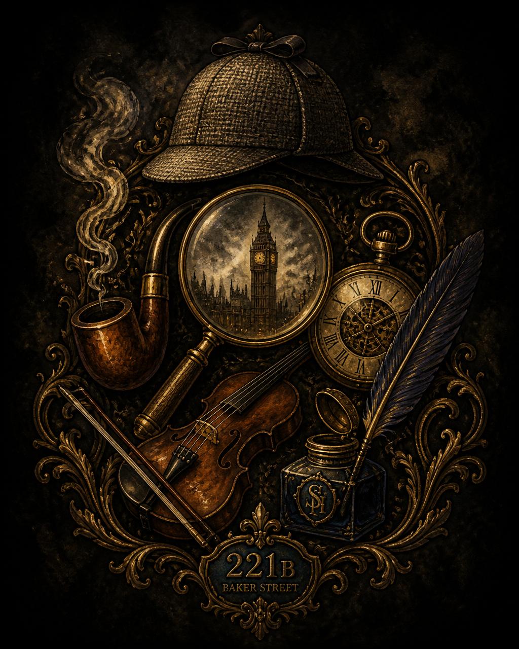 Symbolic emblem of Sherlock Holmes formed from a deerstalker hat, pipe, magnifying glass, violin, pocket watch and quill at 221B Baker Street